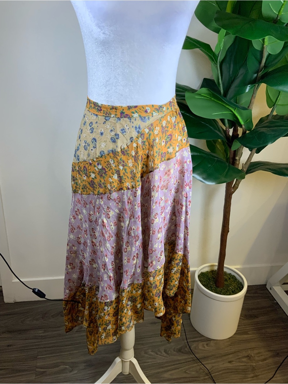 Zara Floral Patchwork High-Low Skirt in Yellow & Pink
